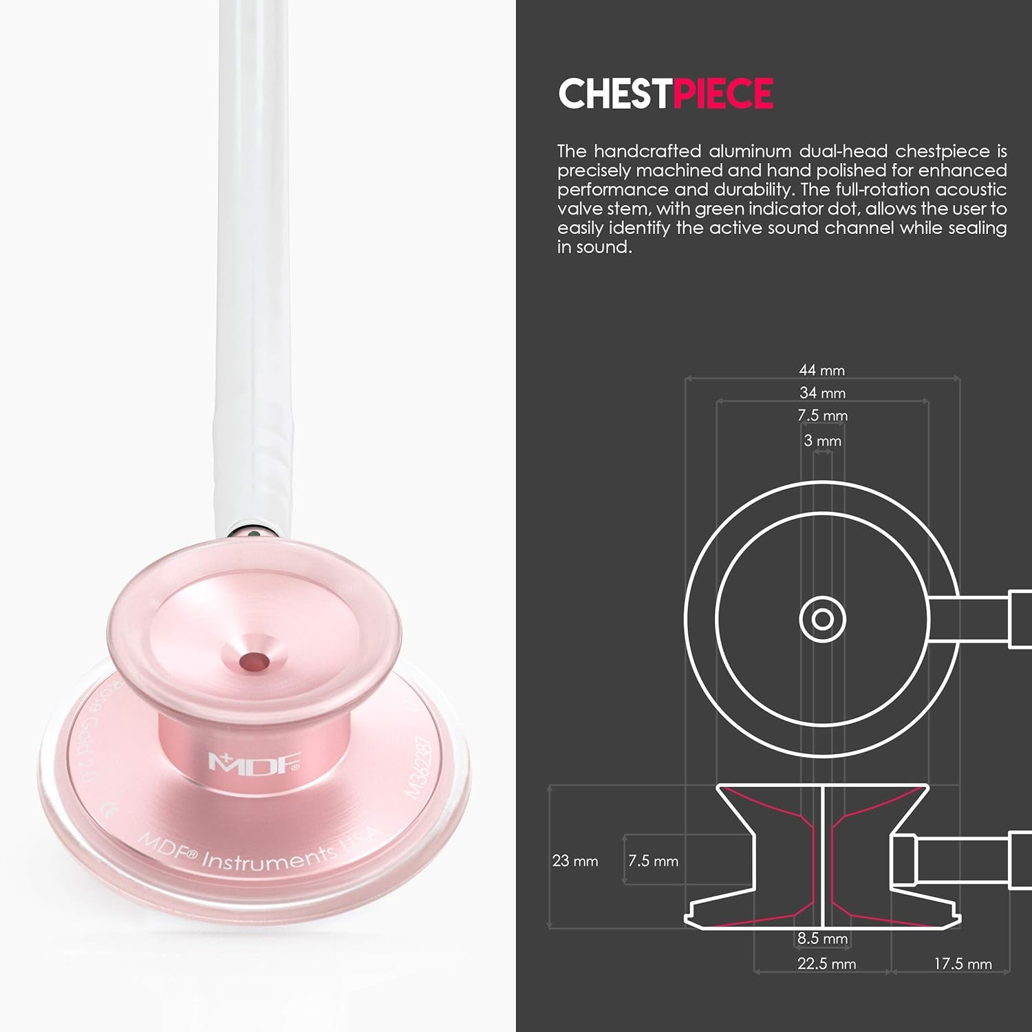 , Acoustica Lightweight Stethoscope for Doctors, Nurses, Students, Home Health Use, Adult, Dual Head, White Tube, Rosegold (Matte Finish) Chestpiece-Headset, MDF747XPRG29
