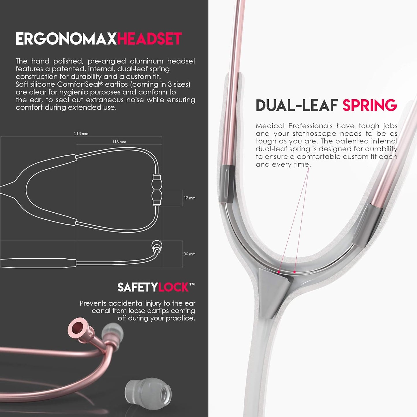 , Acoustica Lightweight Stethoscope for Doctors, Nurses, Students, Home Health Use, Adult, Dual Head, White Tube, Rosegold (Matte Finish) Chestpiece-Headset, MDF747XPRG29