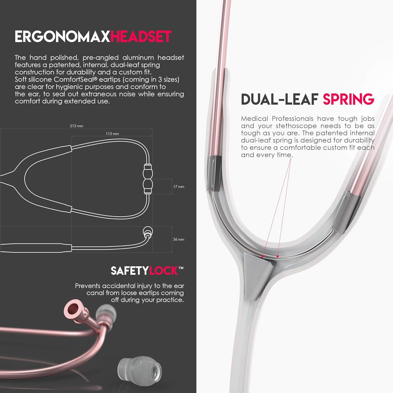 , Acoustica Lightweight Stethoscope for Doctors, Nurses, Students, Home Health Use, Adult, Dual Head, White Tube, Rosegold (Matte Finish) Chestpiece-Headset, MDF747XPRG29