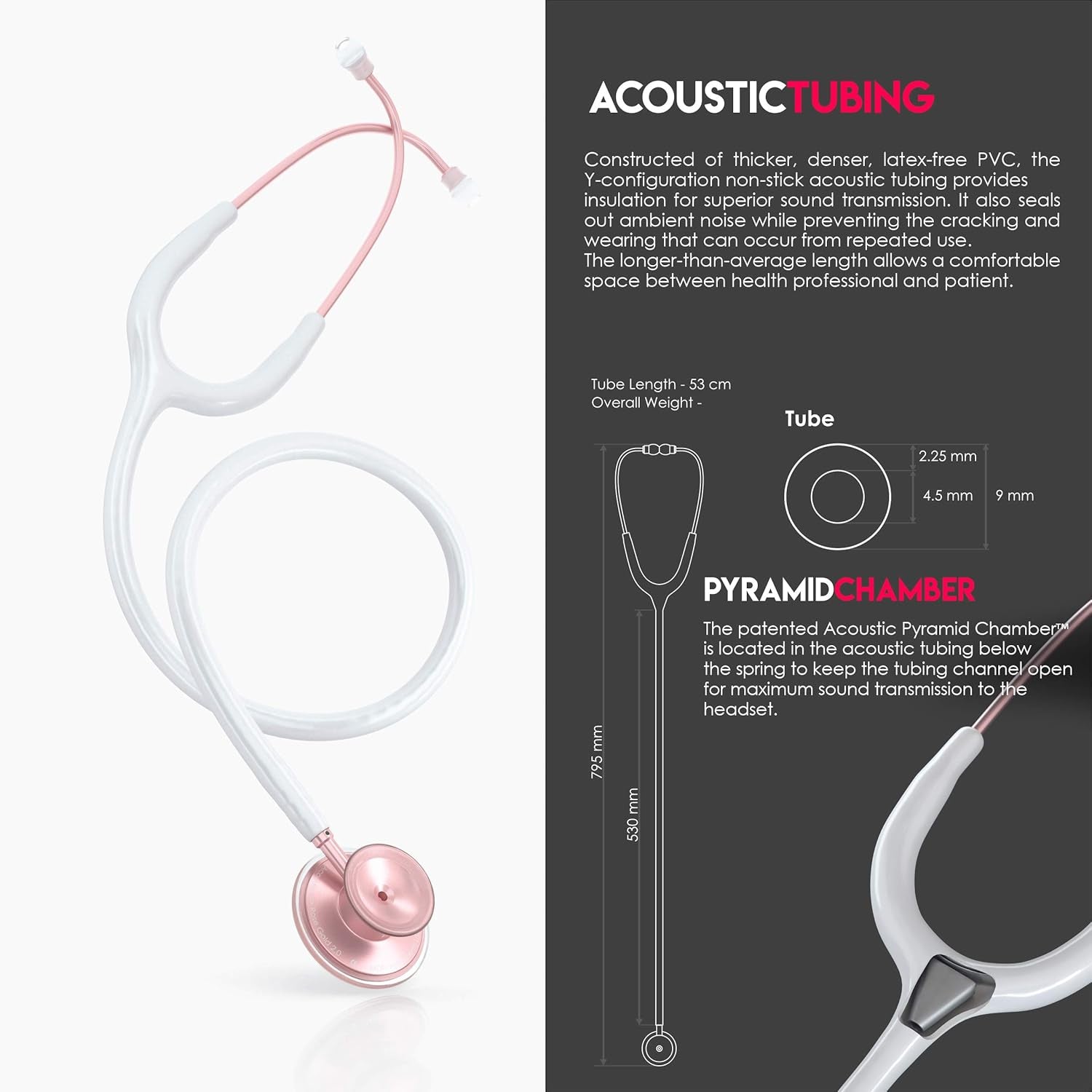 , Acoustica Lightweight Stethoscope for Doctors, Nurses, Students, Home Health Use, Adult, Dual Head, White Tube, Rosegold (Matte Finish) Chestpiece-Headset, MDF747XPRG29